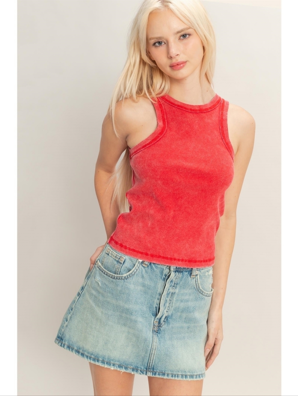 Double Zero Red Vintage Acid Wash Ribbed Racer Tank Top